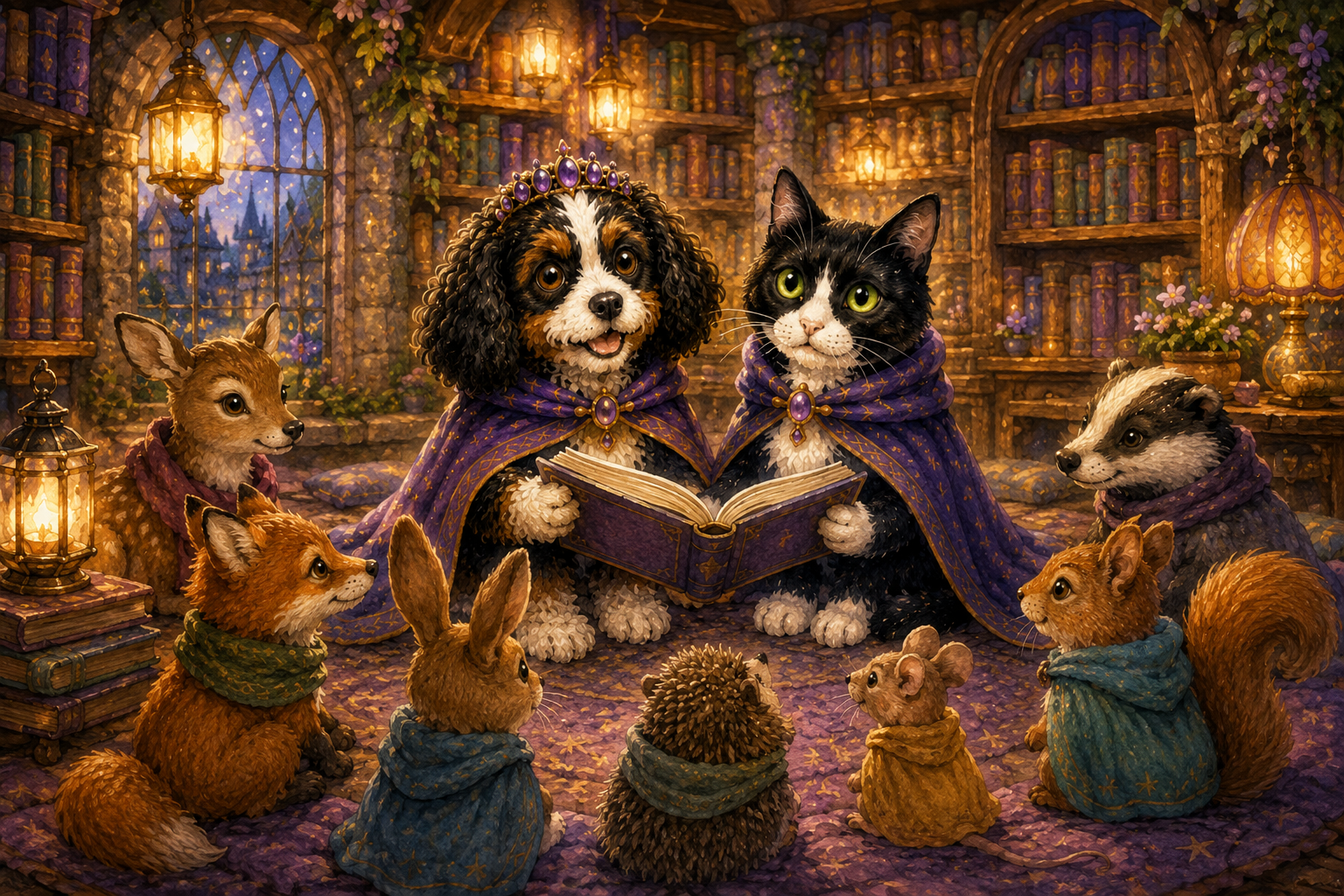 Princess Stella and Lord Ollie reading storybooks in a cozy Barkingdom library